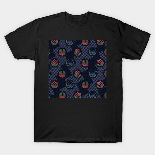 Traditional Japanese Floral Shippou Summer Flower Crest Pattern with Hydrangea, Iris, and Peony in Navy/Indigo T-Shirt by Charredsky